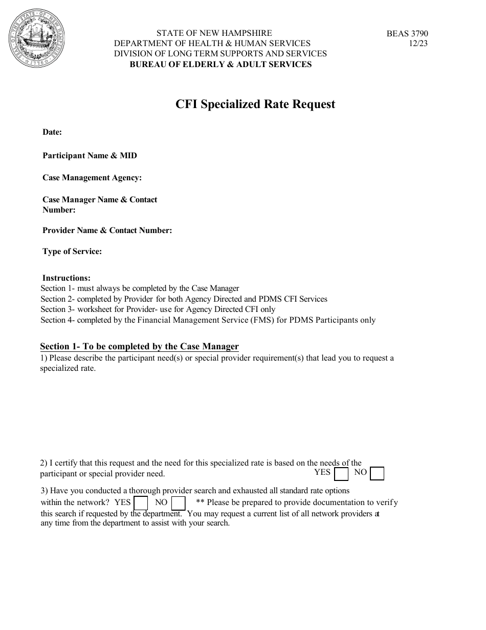 Form BEAS3790 Cfi Specialized Rate Request - New Hampshire, Page 1