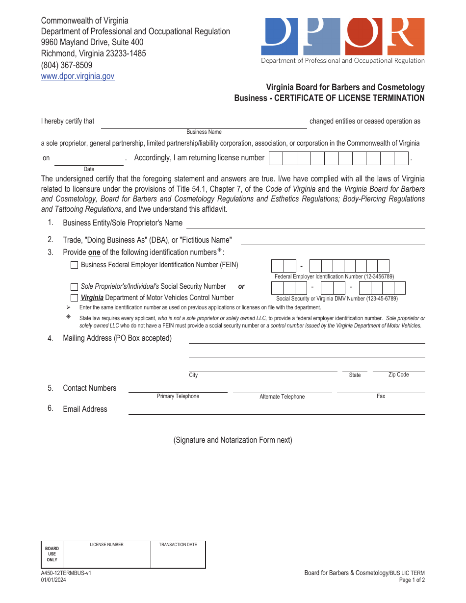 Form A450-12TERMBUS Certificate of License Termination - Barbers and Cosmetology Business - Virginia, Page 1
