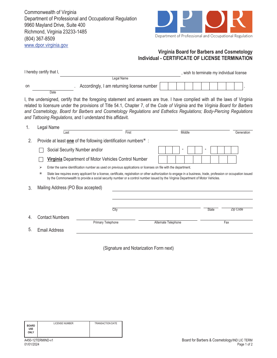 Form A450-12TERMIND Certificate of License Termination - Barbers and Cosmetology Individual - Virginia, Page 1