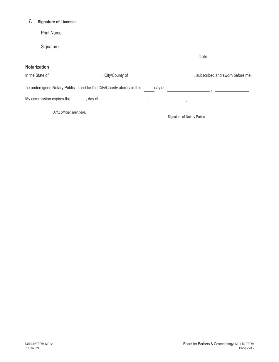 Form A450-12TERMIND Certificate of License Termination - Barbers and Cosmetology Individual - Virginia, Page 2