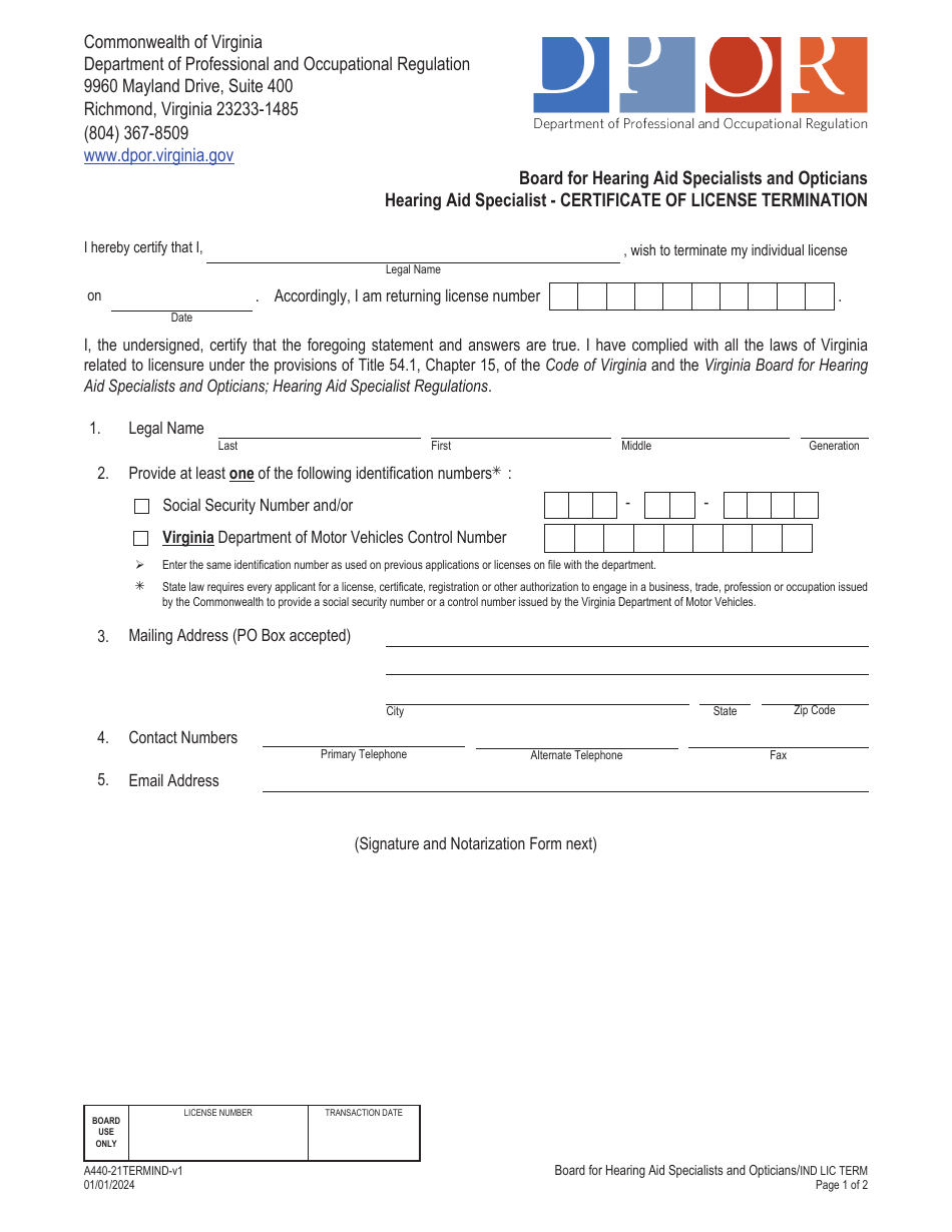 Form A440-21TERMIND Certificate of License Termination - Hearing Aid Specialist - Virginia, Page 1