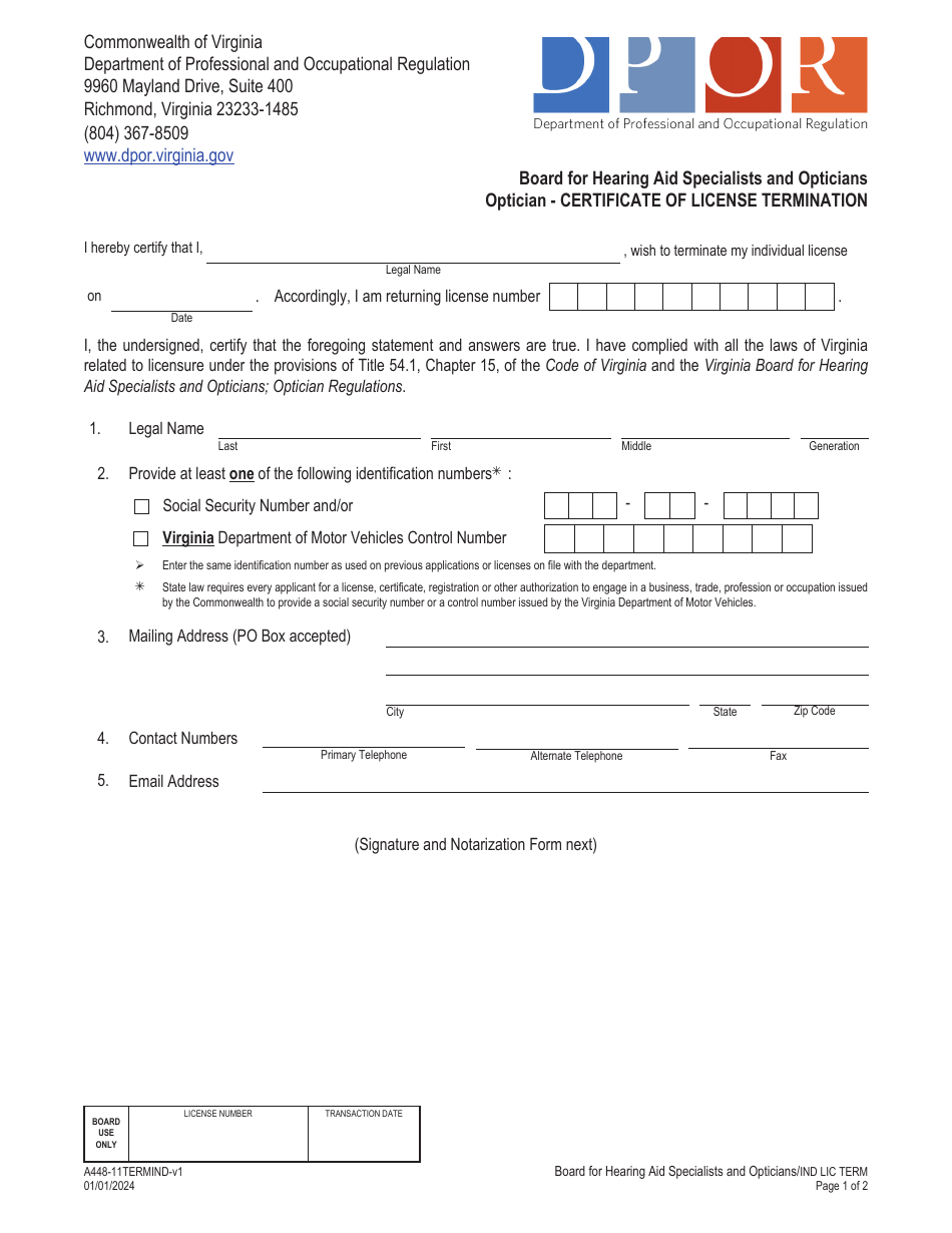 Form A448-11TERMIND Certificate of License Termination - Optician - Virginia, Page 1