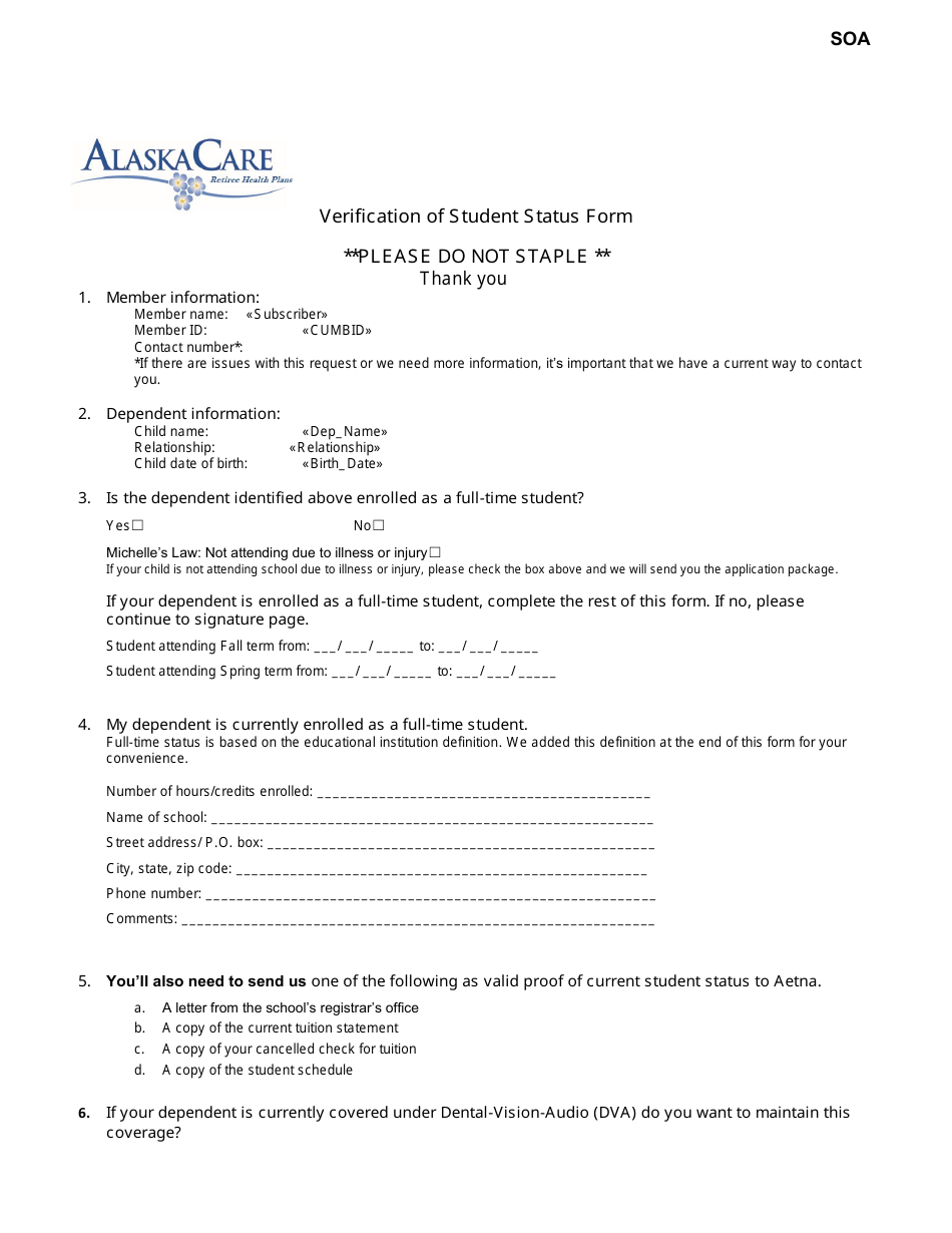 Verification of Student Status Form - Alaskacare - Alaska, Page 1