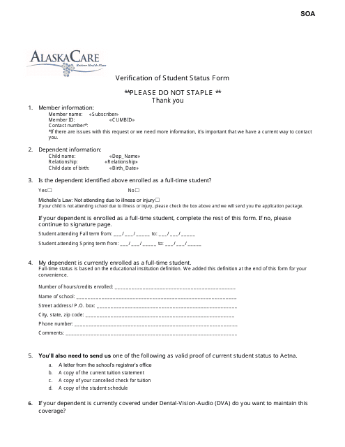 Verification of Student Status Form - Alaskacare - Alaska