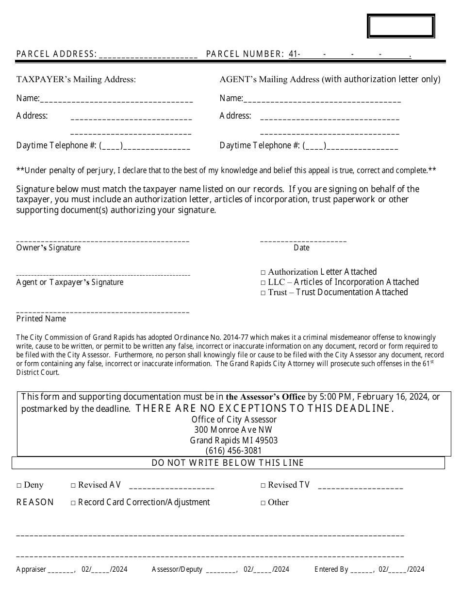 Grand Rapids Assessors Review Appeal Form - Residential Real Property - City of Grand Rapids, Michigan, Page 2