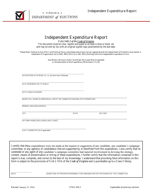 Form CFDA-945.2 Independent Expenditure Report - Virginia