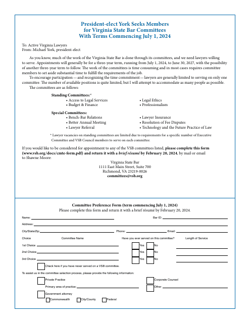 Committee Preference Form - Virginia Download Pdf