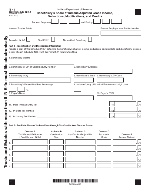 Form IT-41 (State Form 55891) Schedule IN K-1 2023 Printable Pdf