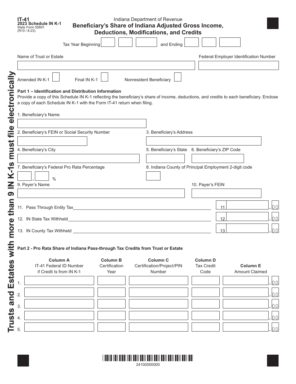 Form IT-41 (State Form 55891) Schedule IN K-1 Beneficiarys Share of Indiana Adjusted Gross Income, Deductions, Modifications, and Credits - Indiana, Page 1