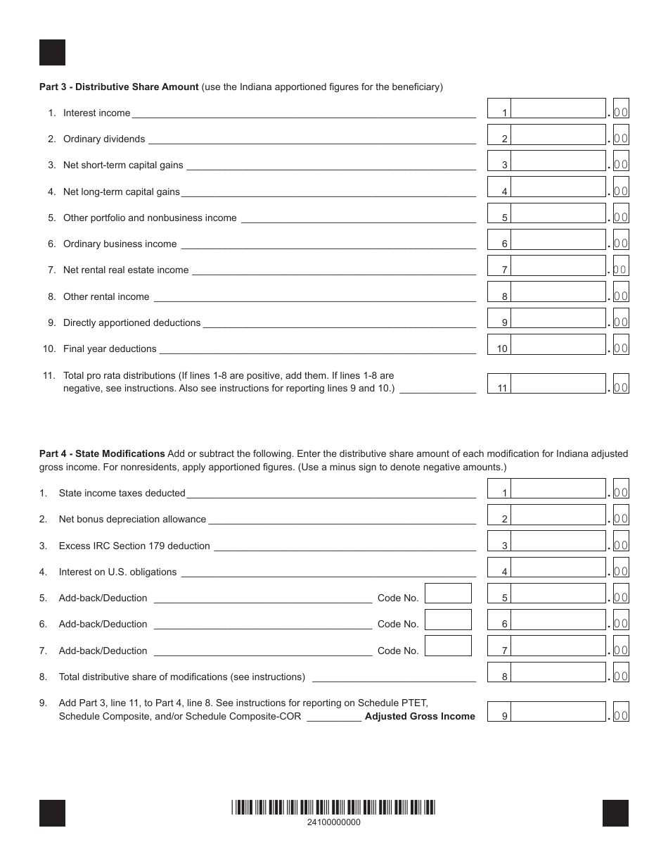 Form IT-41 (State Form 55891) Schedule IN K-1 Beneficiarys Share of Indiana Adjusted Gross Income, Deductions, Modifications, and Credits - Indiana, Page 2