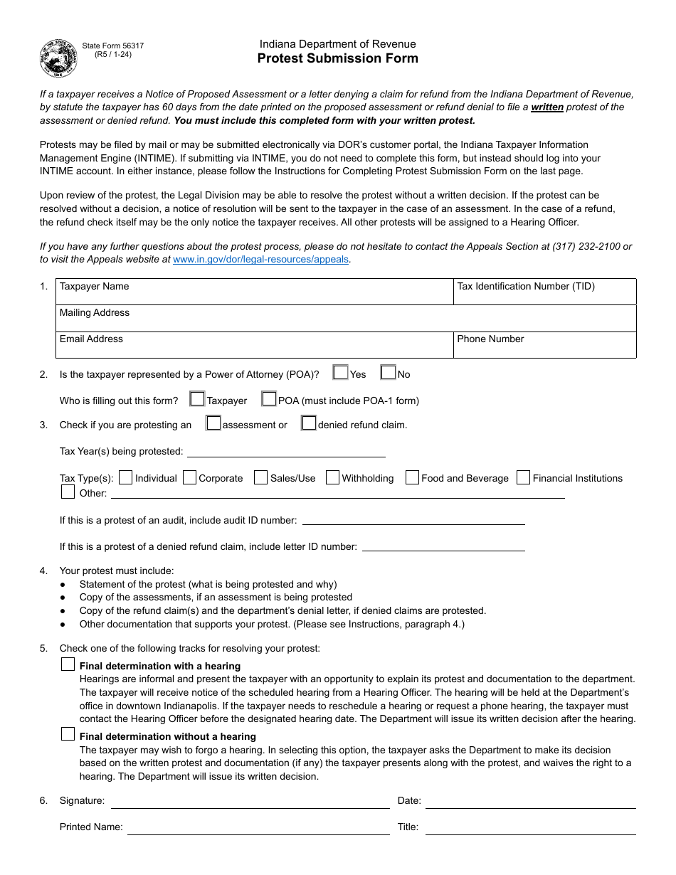 State Form 56317 Protest Submission Form - Indiana, Page 1