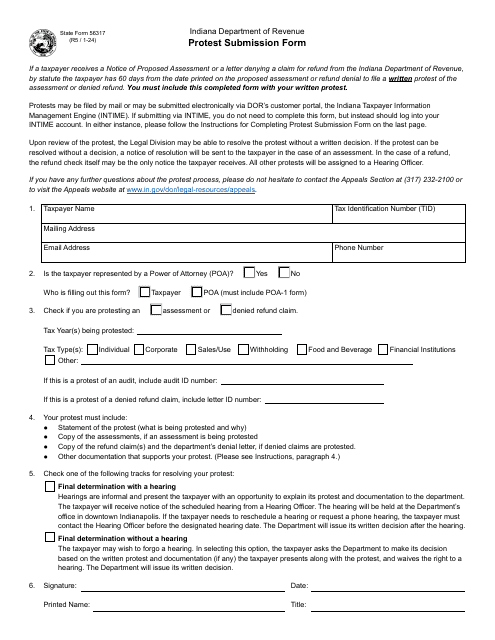 State Form 56317 Protest Submission Form - Indiana
