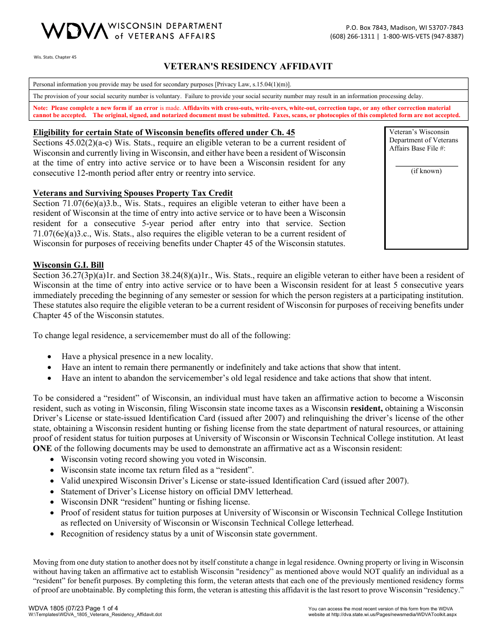 Form WDVA1805 Veterans Residency Affidavit - Wisconsin, Page 1