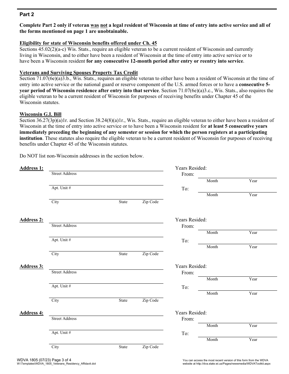 Form WDVA1805 Veterans Residency Affidavit - Wisconsin, Page 3