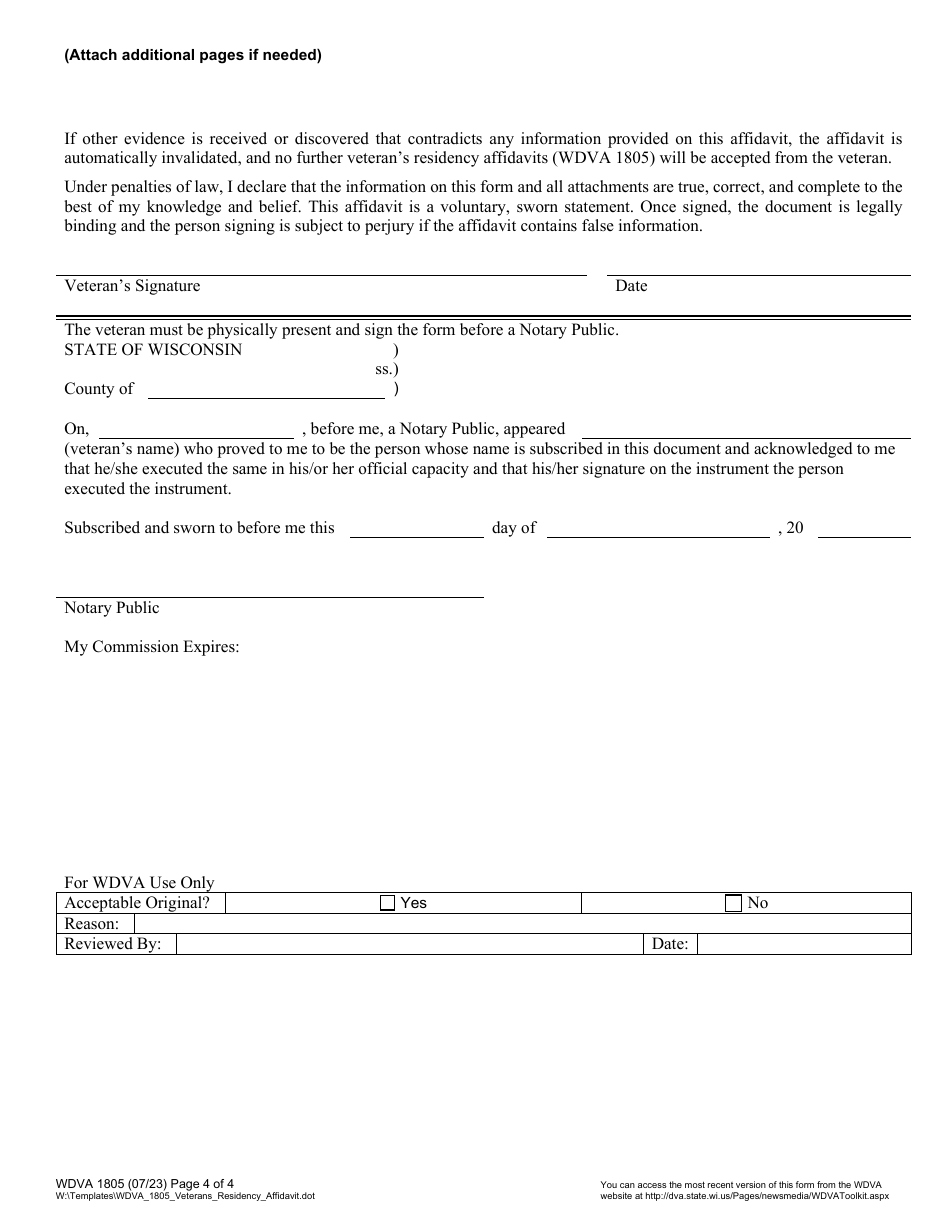 Form WDVA1805 Veterans Residency Affidavit - Wisconsin, Page 4