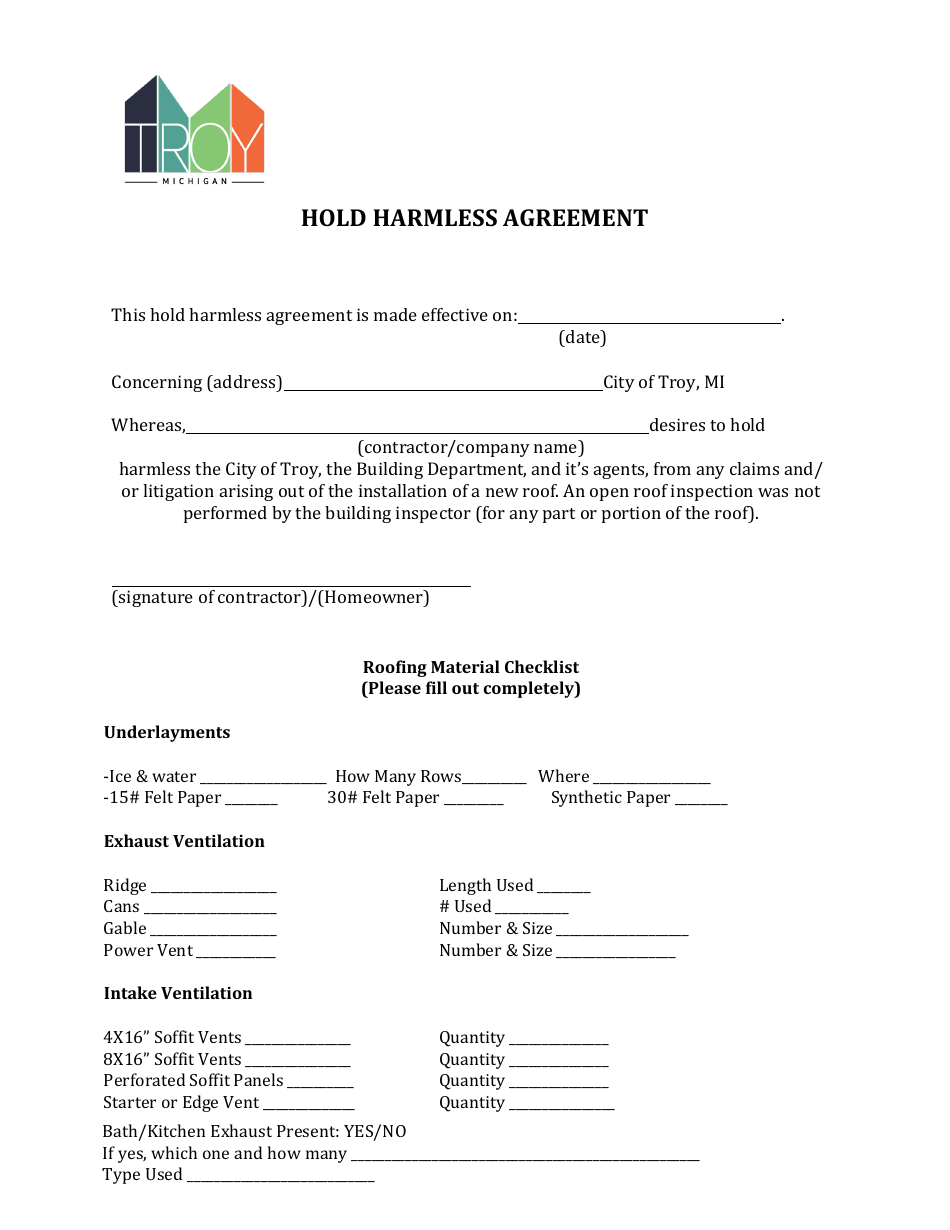 Hold Harmless Agreement - City of Troy, Michigan, Page 1