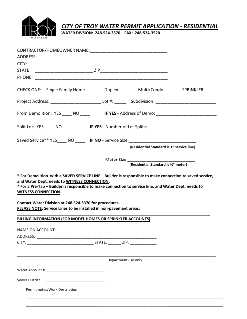 Water Permit Application - Residential - City of Troy, Michigan Download Pdf