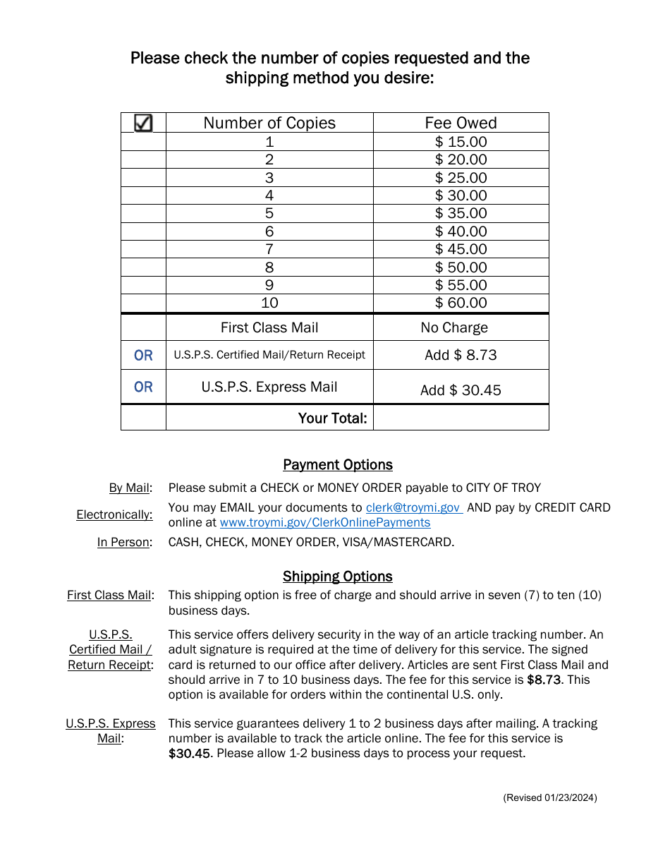 Death Certificate Request (Certified Copies) - City of Troy, Michigan, Page 2
