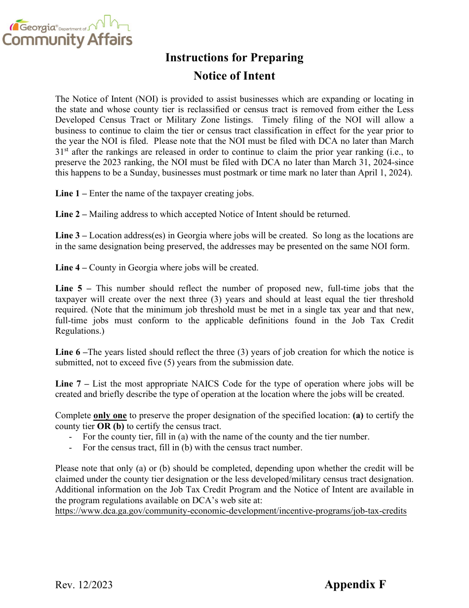 Appendix F Notice of Intent for Georgia Job Tax Credit - Georgia (United States), Page 1
