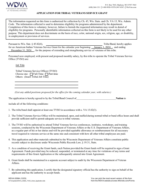 Form WDVA0056A Application for Tribal Veterans Service Grant - Wisconsin, 2024