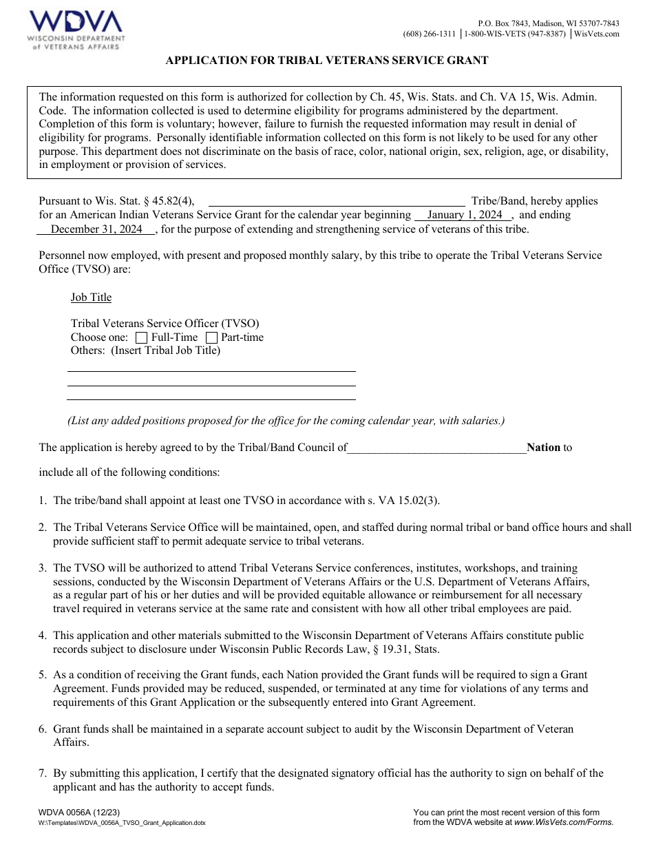 Form WDVA0056A Application for Tribal Veterans Service Grant - Wisconsin, Page 1
