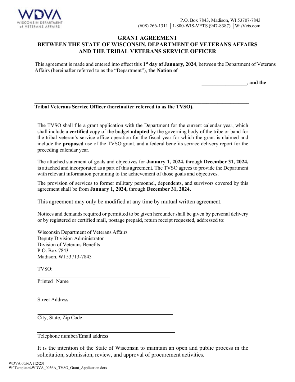 Form WDVA0056A Application for Tribal Veterans Service Grant - Wisconsin, Page 3