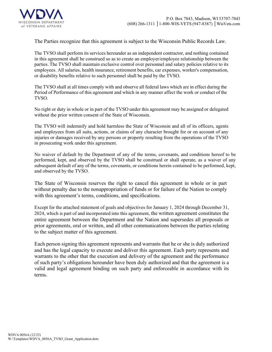 Form WDVA0056A Application for Tribal Veterans Service Grant - Wisconsin, Page 4