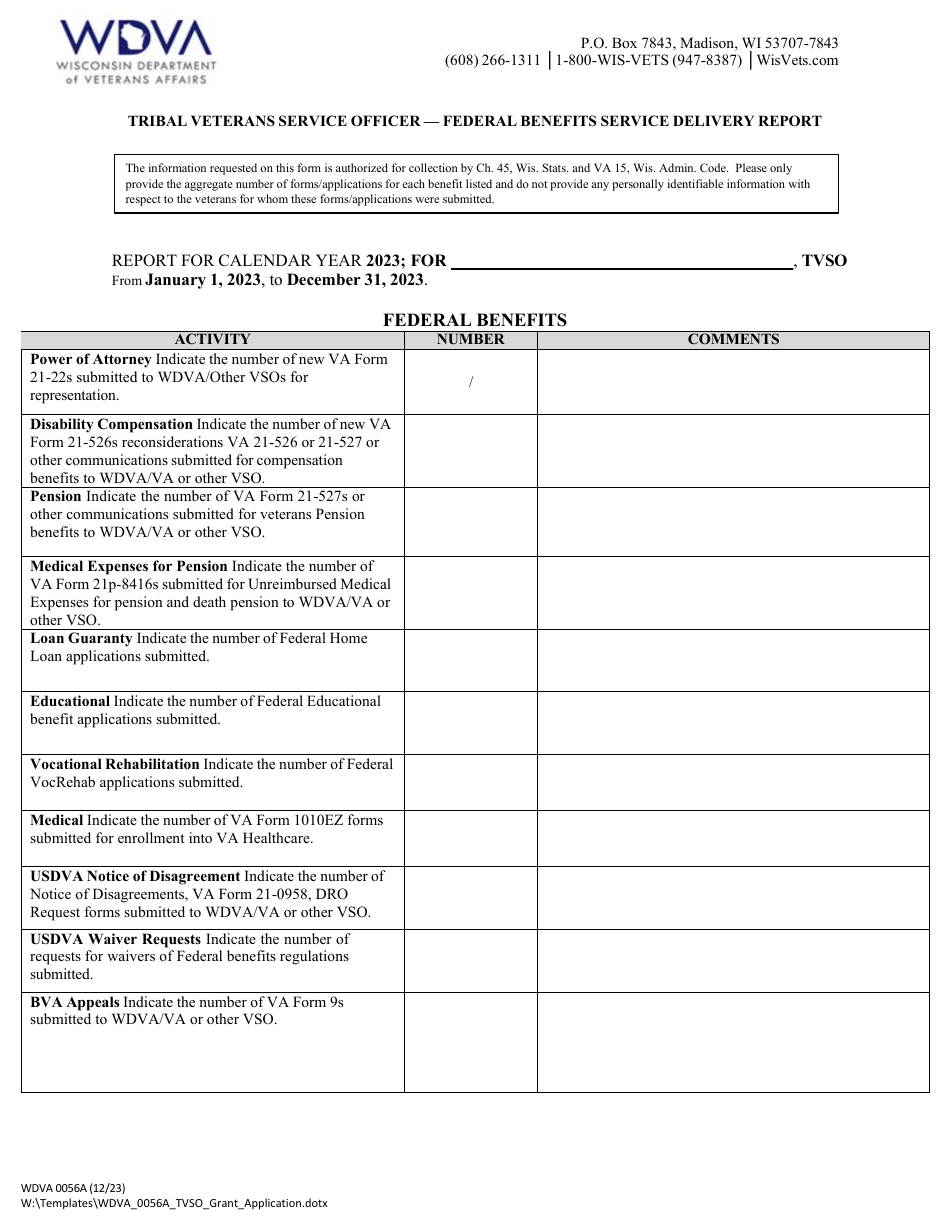 Form WDVA0056A Application for Tribal Veterans Service Grant - Wisconsin, Page 6