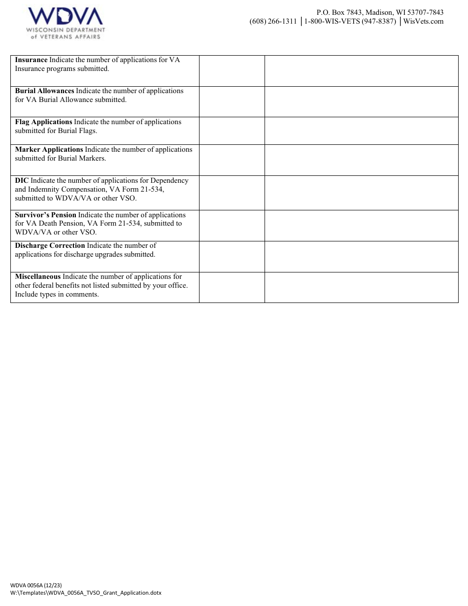 Form WDVA0056A Application for Tribal Veterans Service Grant - Wisconsin, Page 7