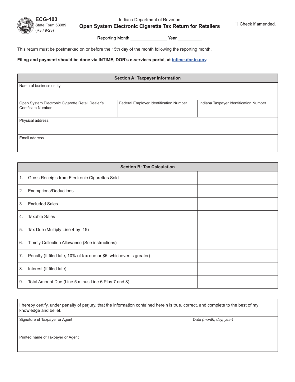 Form ECG-103 (State Form 53089) Open System Electronic Cigarette Tax Return for Retailers - Indiana, Page 1