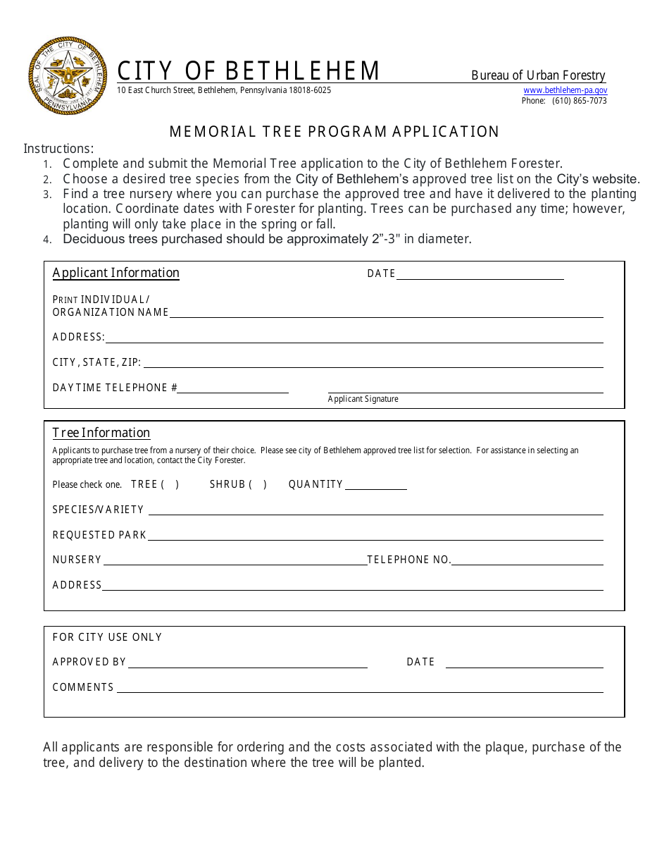 Memorial Tree Program Application - City of Bethlehem, Pennsylvania, Page 1