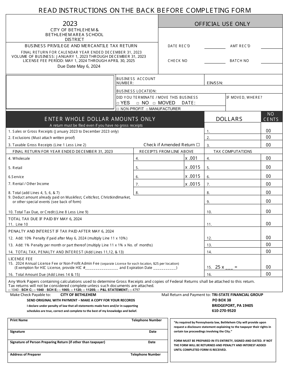 Business Privilege and Mercantile Tax Return - City of Bethlehem, Pennsylvania, Page 1