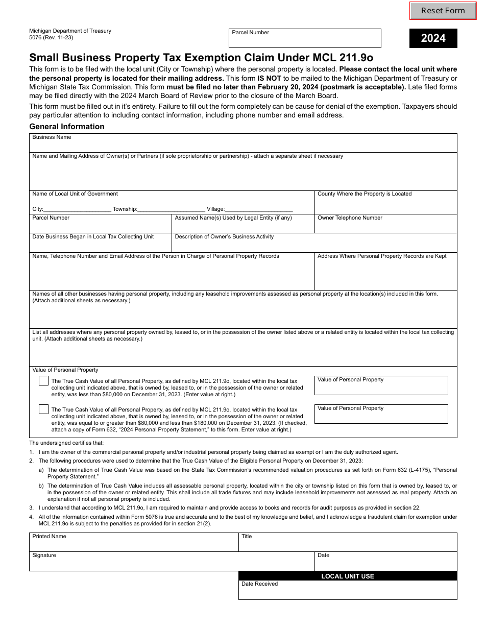 Form 5076 Small Business Property Tax Exemption Claim Under Mcl 211.9o - Michigan, Page 1