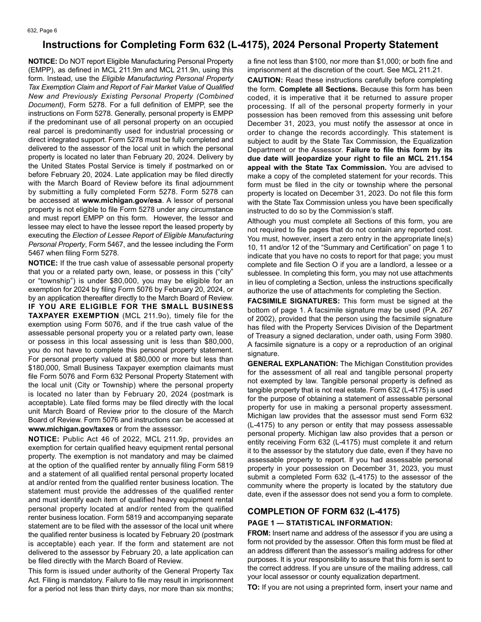 Form L-4175 (632) Personal Property Statement - Michigan, Page 6
