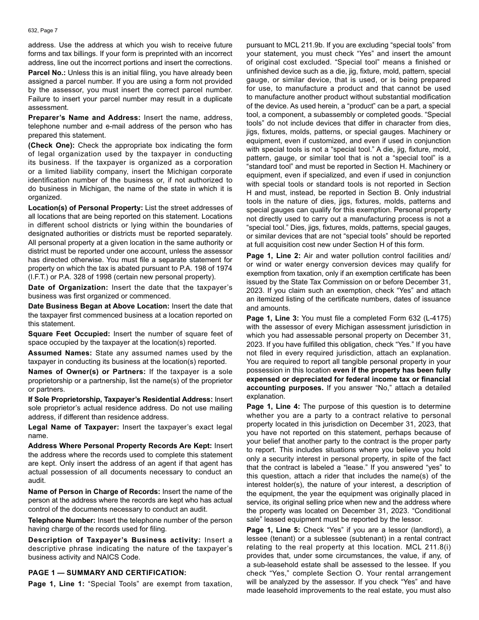 Form L-4175 (632) Personal Property Statement - Michigan, Page 7