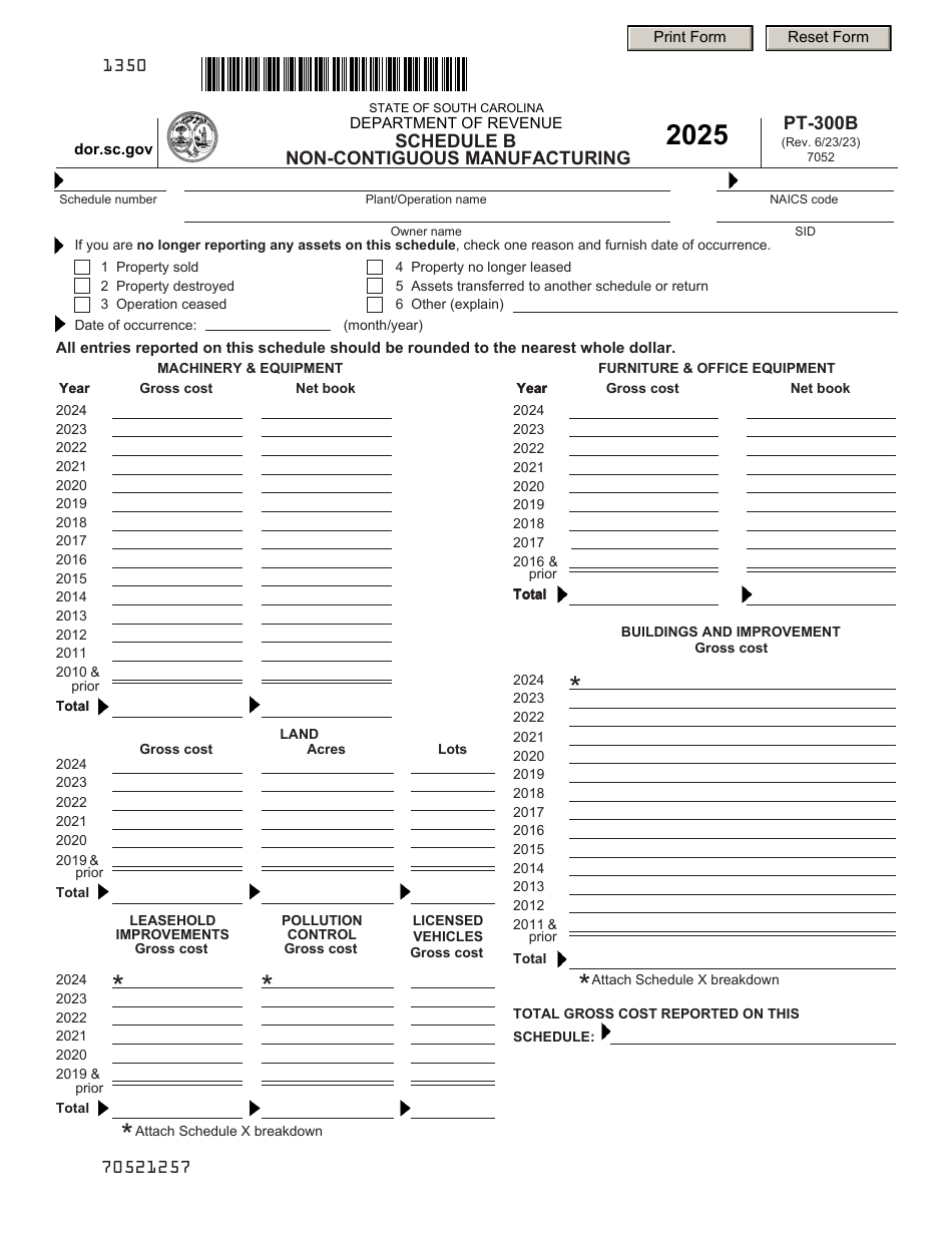 Form PT-300B Schedule B Non-contiguous Manufacturing - South Carolina, Page 1
