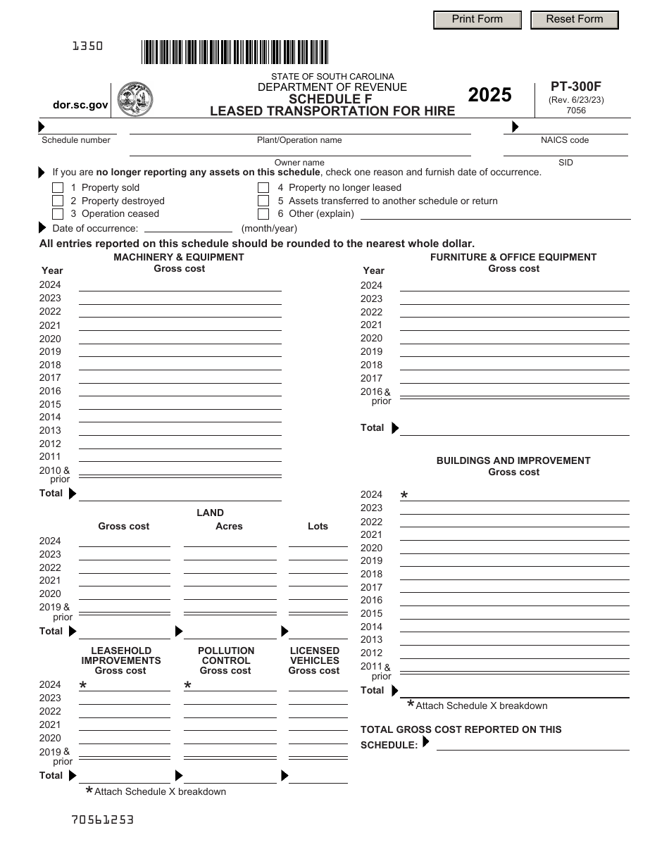 Form PT-300F Schedule F Leased Transportation for Hire - South Carolina, Page 1