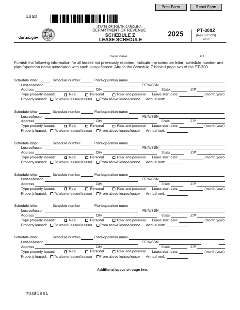 Form PT-300Z Schedule Z Lease Schedule - South Carolina, 2025