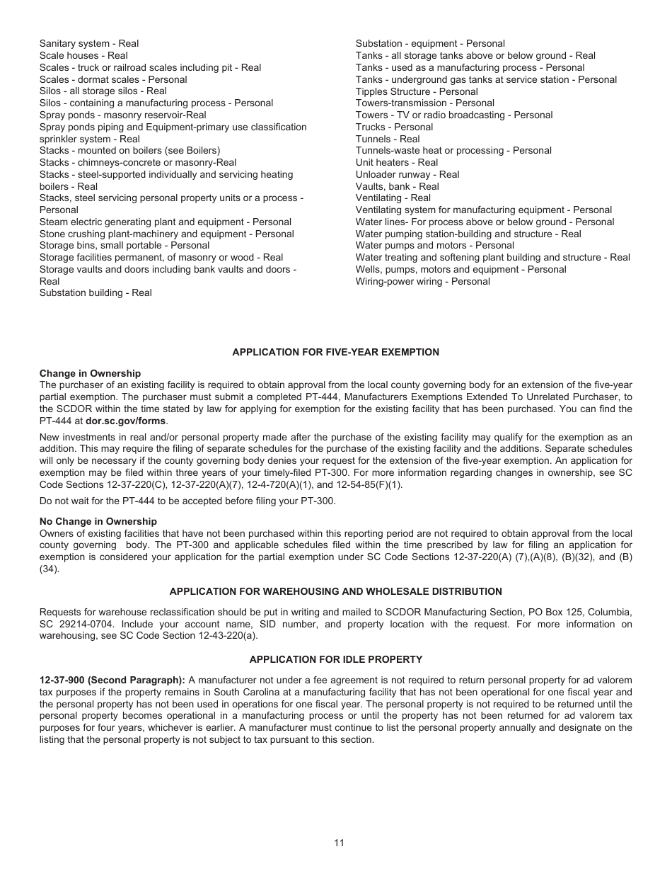 Instructions for Form PT-300 Property Tax and Fee in Lieu - South Carolina, Page 12