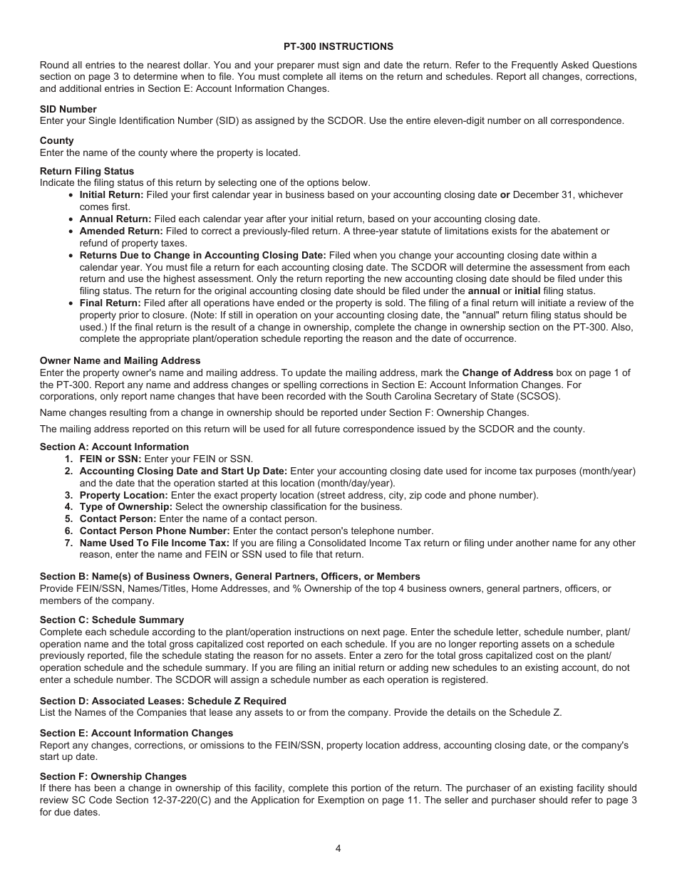 Instructions for Form PT-300 Property Tax and Fee in Lieu - South Carolina, Page 5