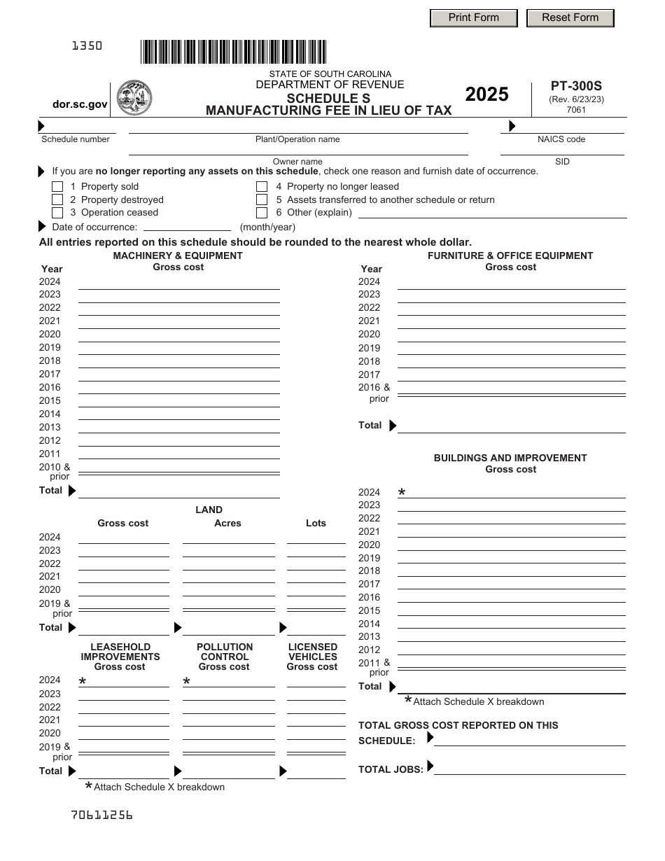 Form PT-300S Schedule S Manufacturing Fee in Lieu of Tax - South Carolina, Page 1