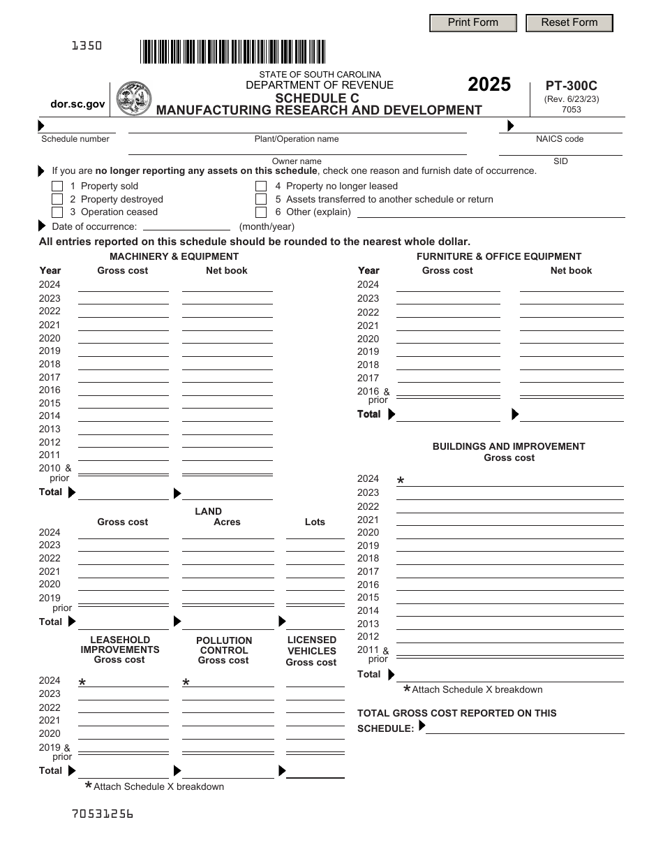 Form PT-300C Schedule C Manufacturing Research and Development - South Carolina, Page 1