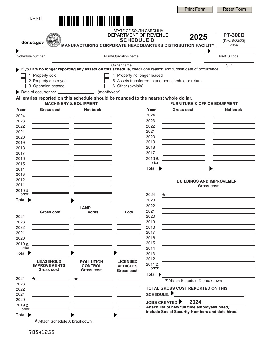 Form PT-300D Schedule D Manufacturing Corporate Headquarters Distribution Facility - South Carolina, Page 1