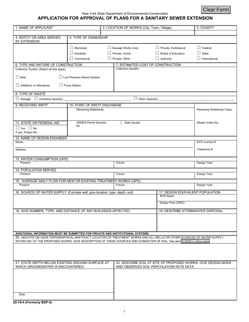Form 92-19-4 Application for Approval of Plans for a Sanitary Sewer Extension - New York, Page 1