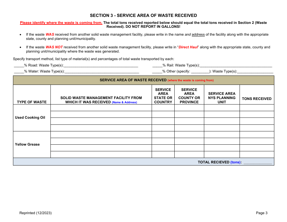 Used Cooking Oil and / or Yellow Grease Processing Facility Annual Report - New York, Page 3
