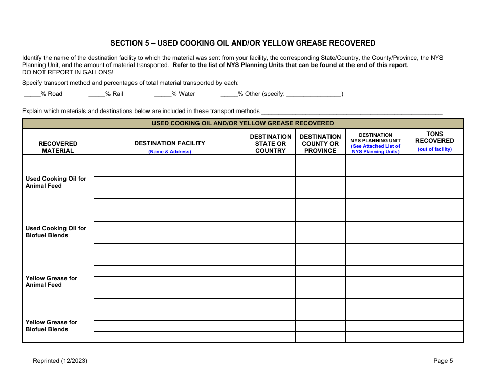 Used Cooking Oil and / or Yellow Grease Processing Facility Annual Report - New York, Page 5