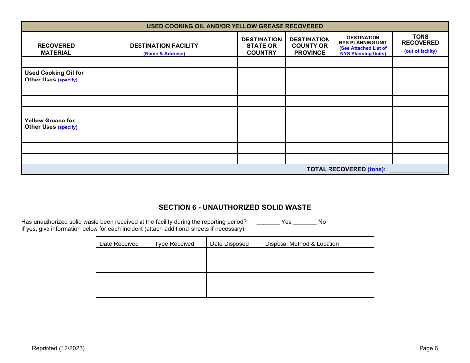 Used Cooking Oil and / or Yellow Grease Processing Facility Annual Report - New York, Page 6