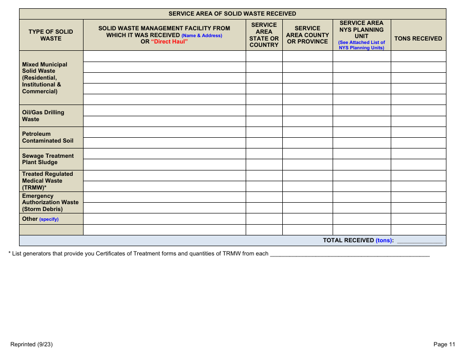 Msw, Industrial or Ash Landfill Annual / Quarterly Report - New York, Page 11