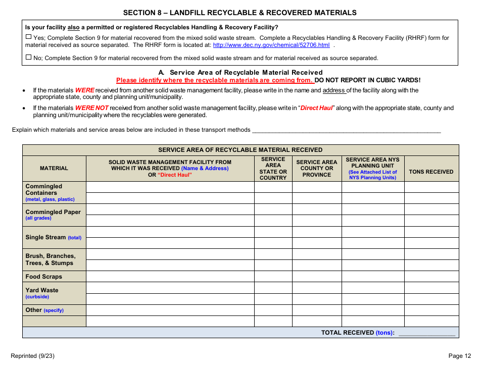 Msw, Industrial or Ash Landfill Annual / Quarterly Report - New York, Page 12