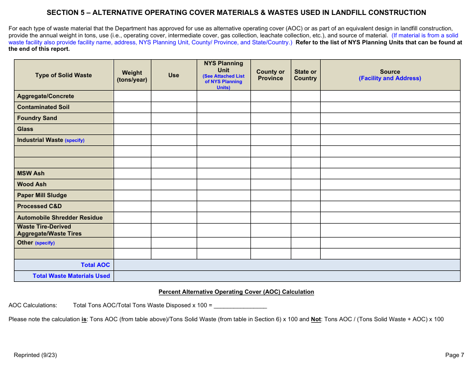 Msw, Industrial or Ash Landfill Annual / Quarterly Report - New York, Page 7